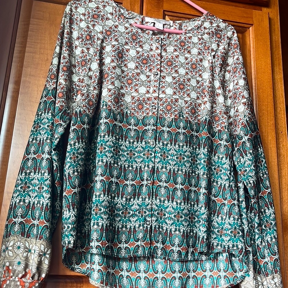 Womens Button Down Colorful Kaleidoscope Pattern Blouson Sleeve Blouse